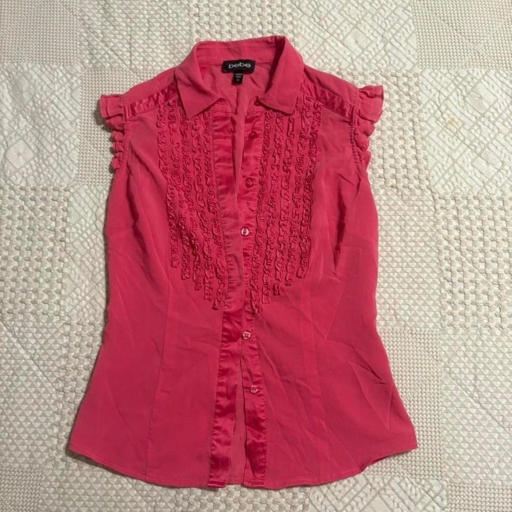 Y2K Bebe Pink Silk blouse with ruffles and buttons.